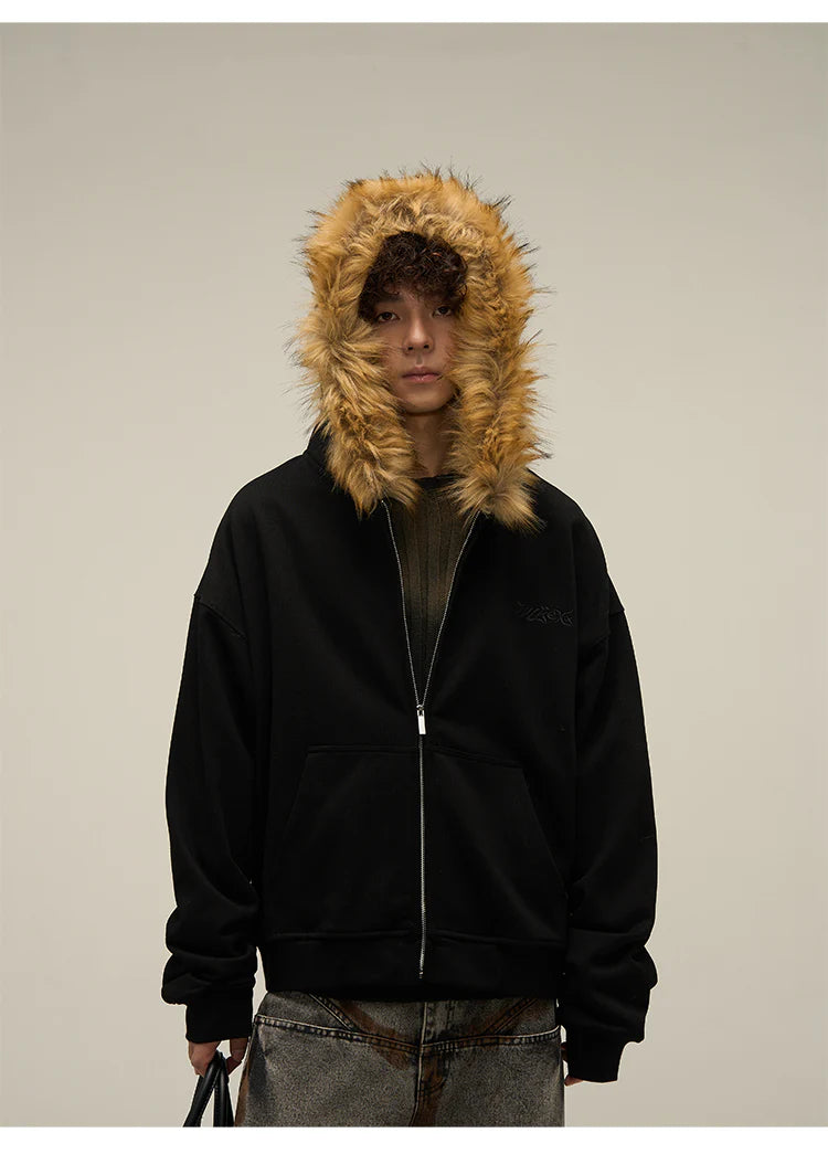 Heavy Vintage Fur Collar Zip-up Jacket