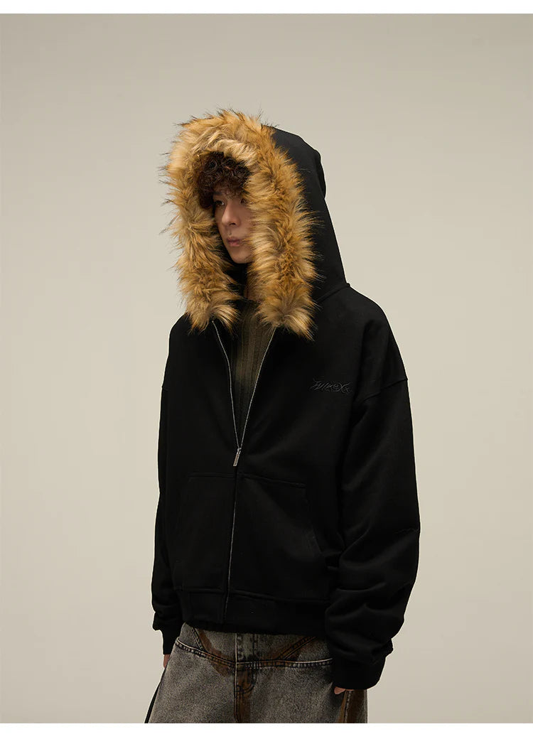 Heavy Vintage Fur Collar Zip-up Jacket