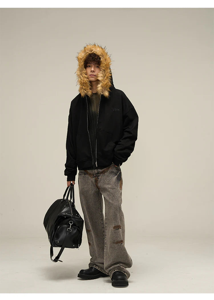 Heavy Vintage Fur Collar Zip-up Jacket