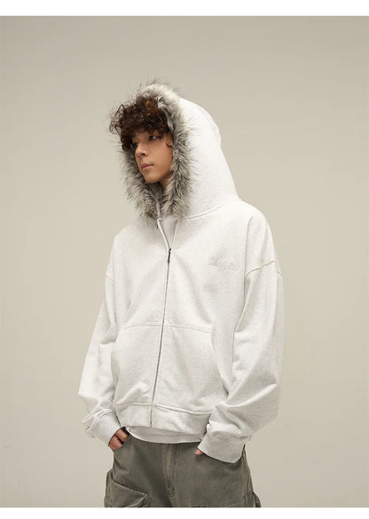 Heavy Vintage Fur Collar Zip-up Jacket
