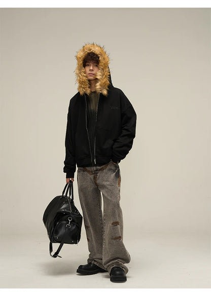 Heavy Vintage Fur Collar Zip-up Jacket