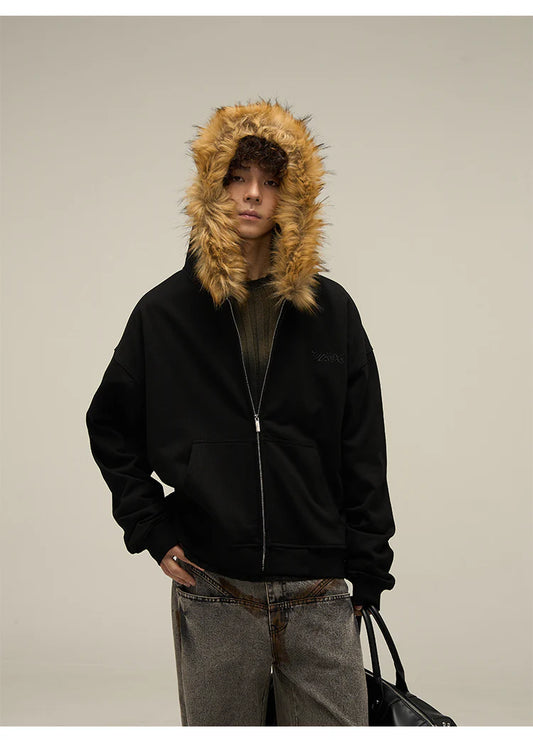 Heavy Vintage Fur Collar Zip-up Jacket